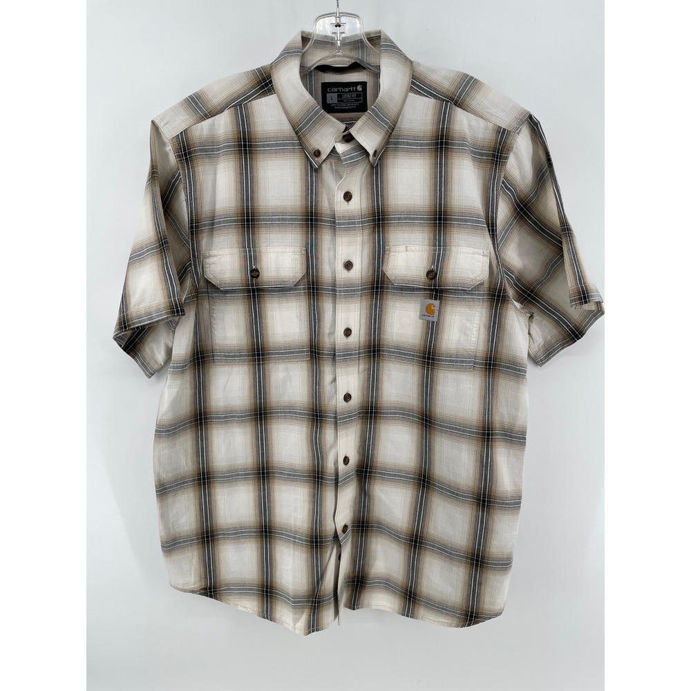 Carhartt Button Down Shirt Mens Large Tan Black Plaid Loose Fit Short Sleeve